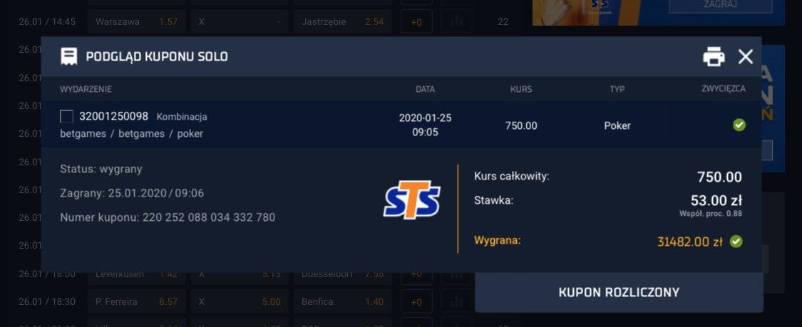 STS Betgames wygrany kupon - obstawianie w STS