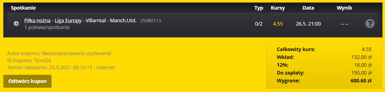 Villarreal Manchester United typy Fortuna - gotowy kupon