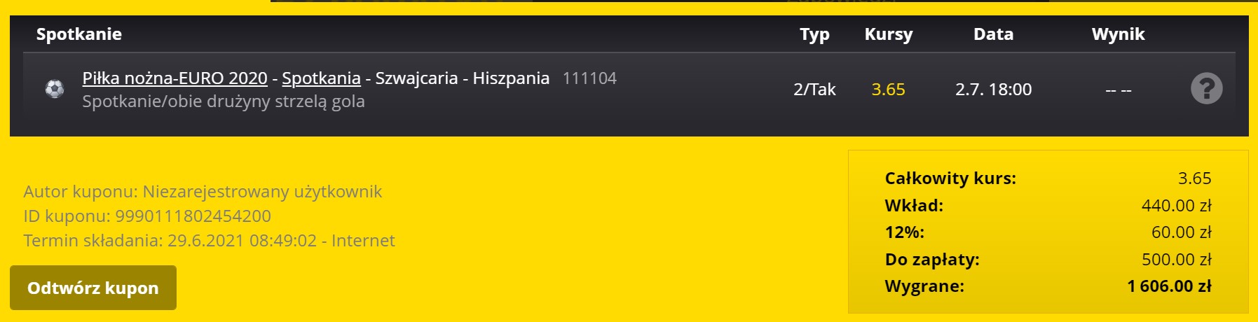 Fortuna kupon na Szwajcaria - Hiszpania