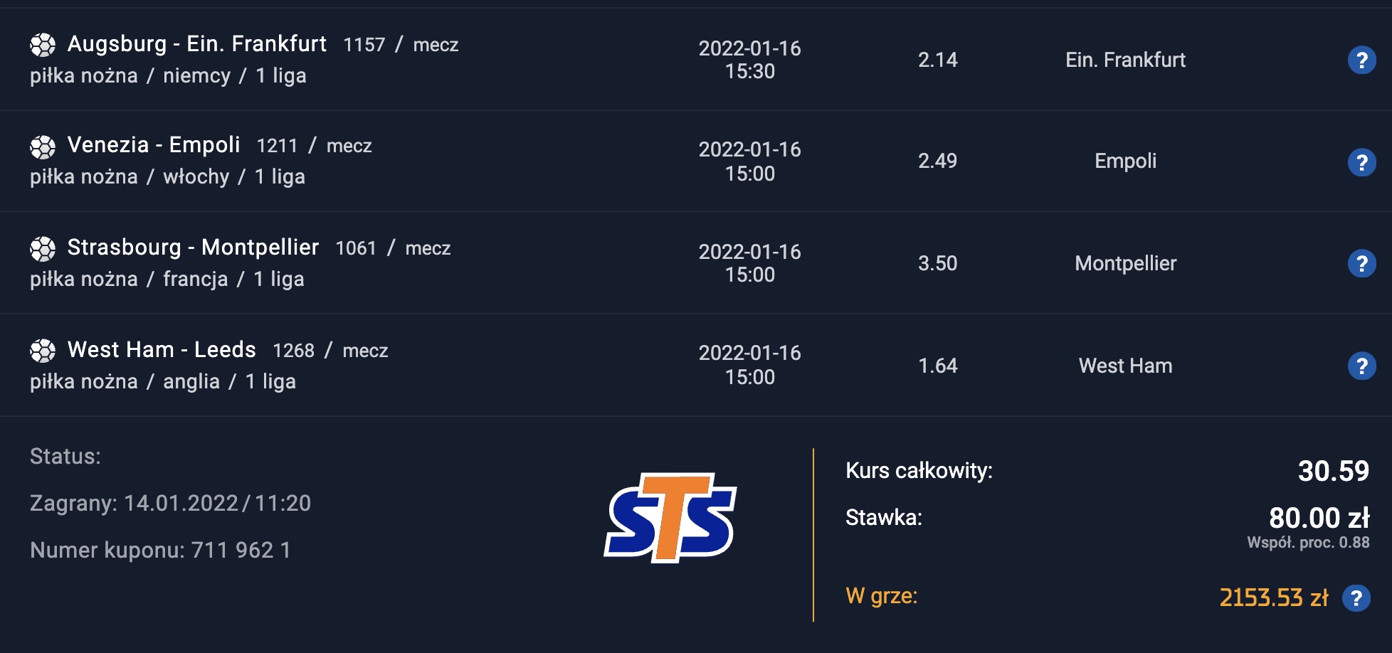 STS kupon bukmacherski na 16 stycznia