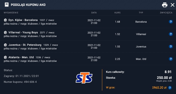 Kupon Liga Mistrzów - 2 listopada (wtorek)