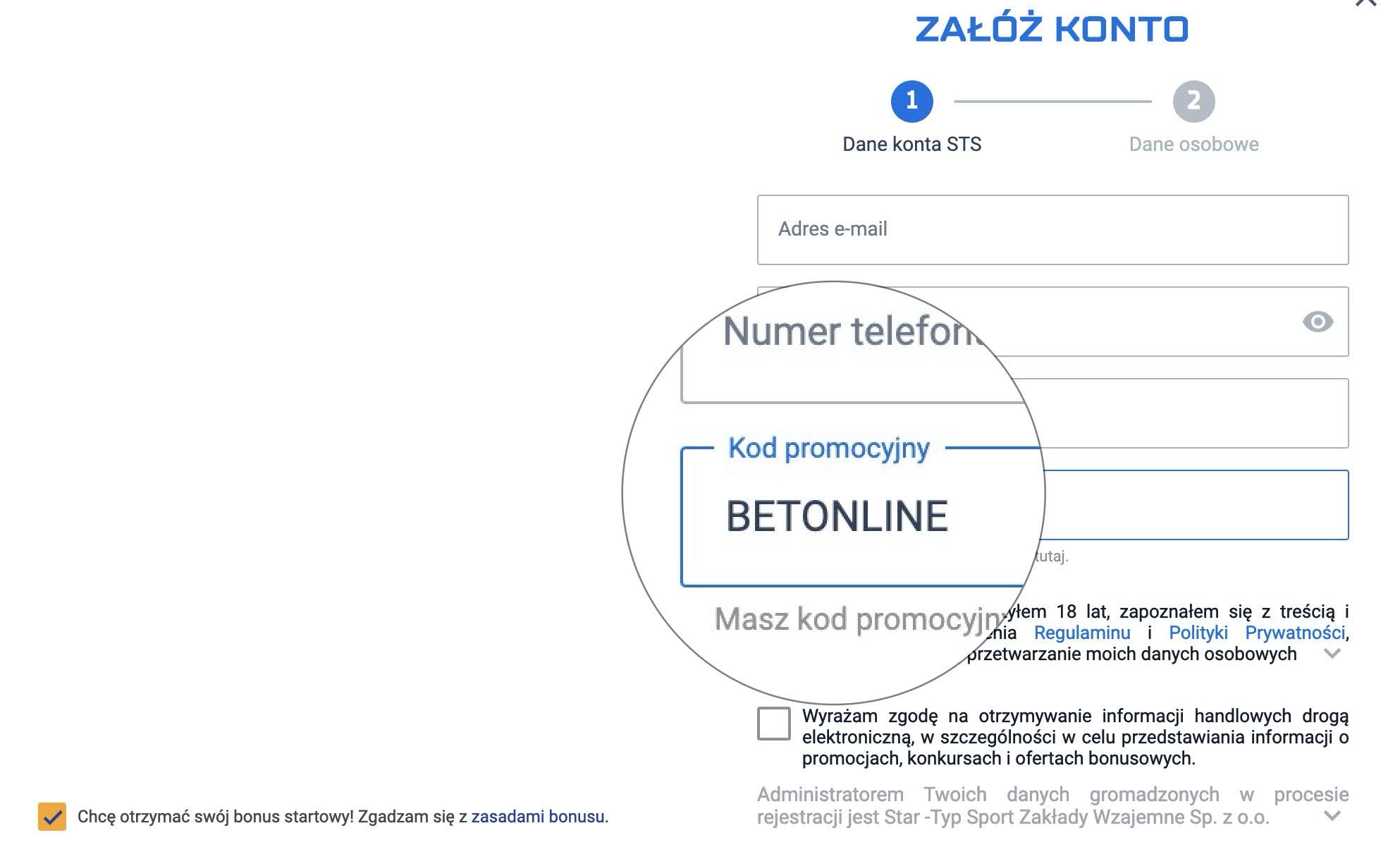 sts rejestracja z kodem promocyjnym betonline